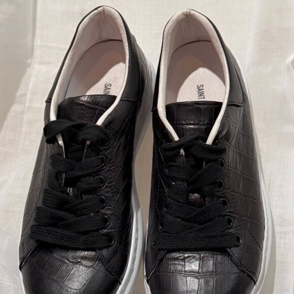 Saint + Sofia Croc‑Embossed Leather Sneakers Black with White Sole Size 7.5 - Picture 2 of 4